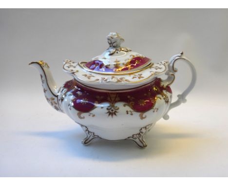 A Ridgway porcelain maroon and gilt part tea and coffee service, circa 1830-40, comprising; a teapot, cover and stand, a sucr