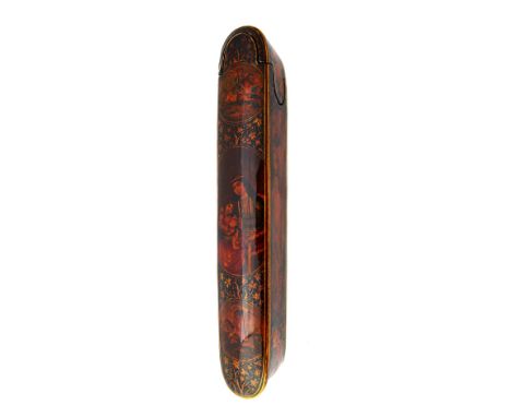 A Qajar papier-mâché penbox, late 19th century, of rounded rectangular form with a sliding tray, the top decorated with a pan