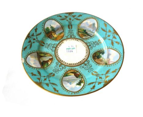 A Mintons porcelain part tea service, circa 1880, decorated with landscape scenes against a gilt turquoise ground, impressed 