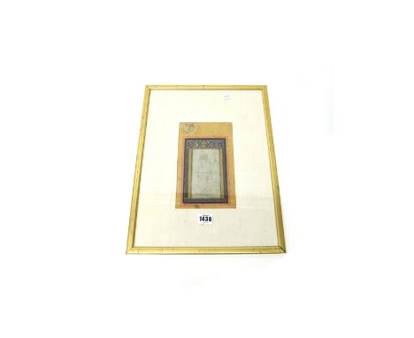 A Qajar full length portrait of a woman, 19th century, pencil and gouache on paper, 15cm. x 9cm., framed and glazed.