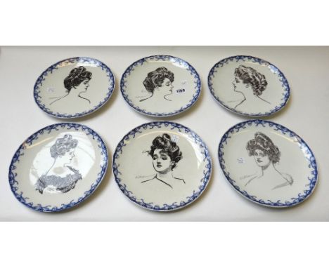 Six Royal Doulton 'Gibson Girl' plates, each decorated with a female portrait within a blue bow and heart border, together wi