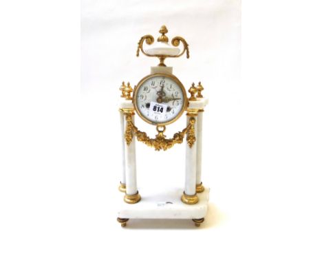 A white faux marble and gilt metal portico mantel clock with a later quartz movement. 42cm high, (pendulum)