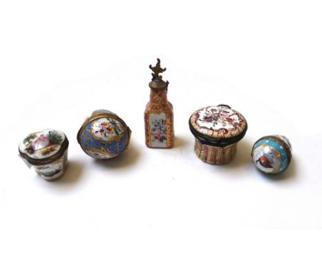 A group of four Staffordshire enamel bonbonieres and scent bottles, 19th century, and a Dresden porcelain bonboniere of trifo