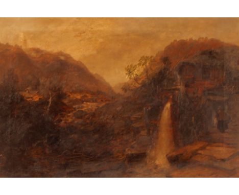 Charles Marshall 1806-1890,&nbsp;mountainous river landscape with mill in the fore ground, signed oil on canvas, 32cm 47cm&nb