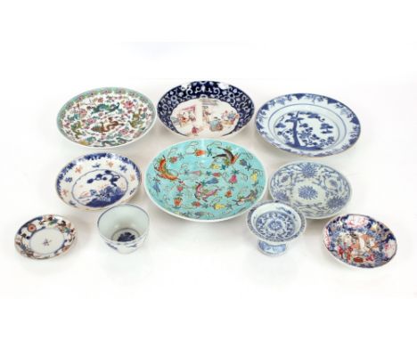 Various 18th and 19th Century Chinese and English shallow saucer dishes;&nbsp;two modern examples; an Oriental pedestal stand