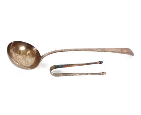 A George&nbsp;III silver "Old English" pattern ladle,&nbsp;foliate decorated and with family crest, London 1786; and a pair o