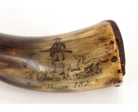 A 19th Century horn shot flask,&nbsp;decorated with a scene of a hunter and inscribed "Isaac Neame 1762", 20cm long