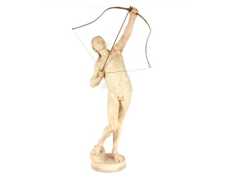 Neils Holme 1806-1933, a pottery sculpture of a naked archer, holding brass bow and arrow dated 1893, 105cm high (one arm dam