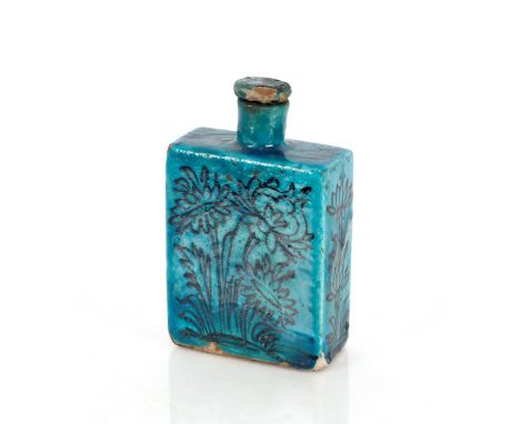 A Kashan turquoise and black pottery rectangular&nbsp;shaped flask and stopper,&nbsp;possible Iran circa. 14th Century, 17.5c