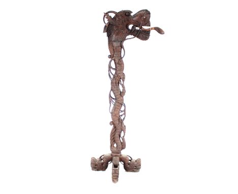 A late 19th early 20th Century Chinese carved hardwood dragon standard lamp,&nbsp;159cm high