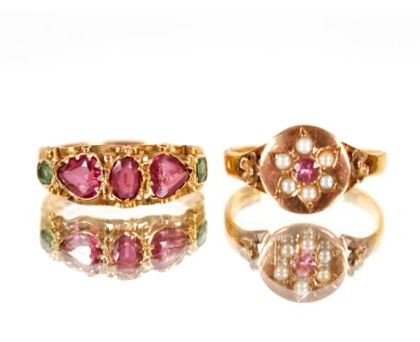 A 22ct gold ring,&nbsp;set with seed pearls, size "K", 2.2gms; and a 15ct gold ring set red and green stones, size "L", 1.5gm