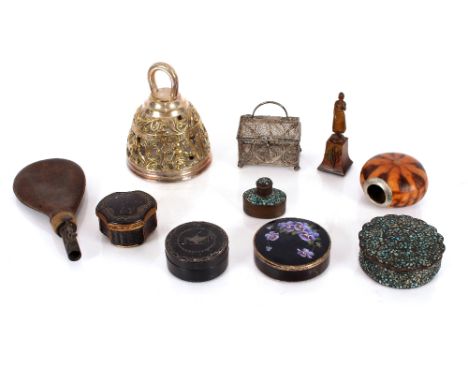 A collection of various enamel and papier mâché boxes;&nbsp;a filigree work white metal casket; a cold painted seal in the fo
