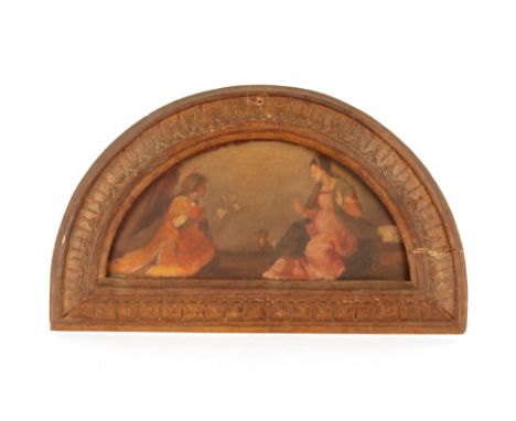 19th Century school, crescent shaped oil on panel depicting two seated ladies in gilt easel frame; and a triptych of prints d