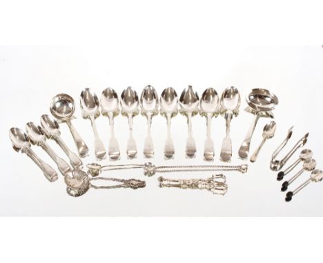 Seven "Fiddle" pattern silver dessert spoons, William IV and Victorian; a George III silver sauce ladle; various other silver