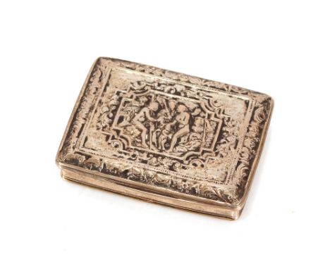 A continental white metal snuff box,&nbsp;the hinged lid decorated with figures, gilded interior, 7.5cm&nbsp;