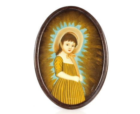 An oval American Folk Art style portrait,&nbsp;of a young girl wearing a bonnet in rural surrounding, 63cm x 49cm&nbsp;