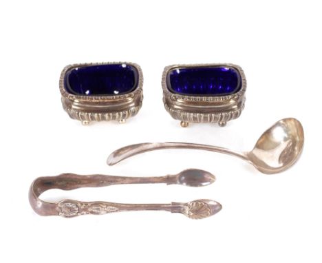 A pair of silver salts,&nbsp;Chester Hallmark;&nbsp;a pair of plated sugar tongs; and a plated ladle (4)