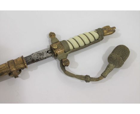 WW2 GERMAN NAVAL OFFICERS DAGGER the white coloured grip with twisted wire, Nazi Eagle pommel with Swastica and the cross gua