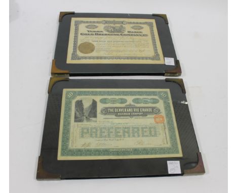 US SHARE CERTIFICATES A share certificate for the Denver and Rio Grande Railroad Company, 10 shares, number B2021, printed in