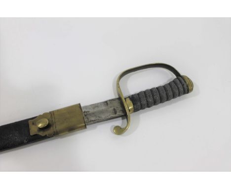 A CONSTABLES SIDEARM AND SCABBARD with a fish skin grip secured by wire, brass pommel and hand guard. The blade fullers to th