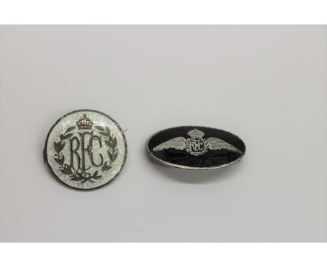 TWO RFC SWEETHEARTS BROOCHES. The first a sterling silver and black enamel Royal Flying Corps example, of oval form. The seco