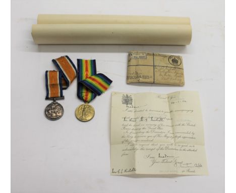 A S WALES BORDERORS CASUALTY PAIR. British War &amp; Victory medals in packets and box of issue, named to 56205 Pte G Nicholl