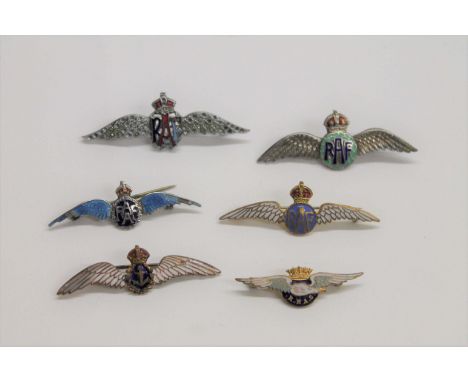 SIX RAF RELATED SWEETHEARTS BROOCHES. 1. A brooch in Pilots wing pattern with enamel or painted decoration. 2. Two in silver 