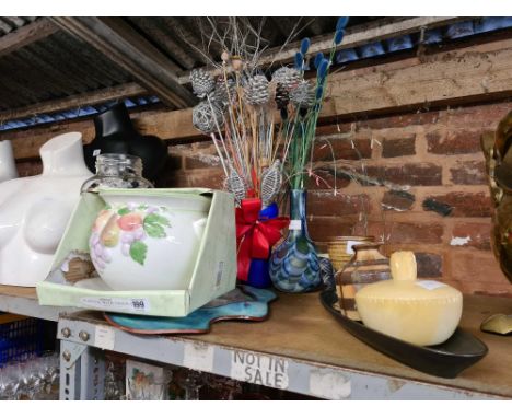 2 VASES WITH IMITATION FLOWERS, A ST. MICHAEL PLANTER WITH SAUCER &amp; OTHER STONEWARE ITEMS