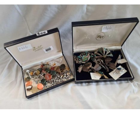 2 JEWELLERY BOXES WITH SILVER COLOURED M.O.P BROOCHES, PENDANTS &amp; WHITE STONE JEWELLERY