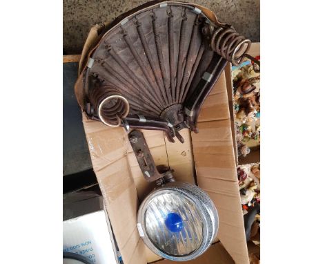 BOX CONTAINING A VINTAGE MOTOR CYCLE SEAT &amp; SPOT LAMP