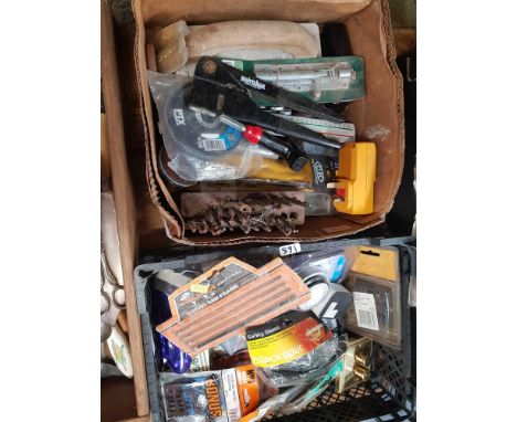 2 CARTONS OF MISC HAND TOOLS INCL; DRILLS, HOLE SAWS, LIGHT SWITCHES