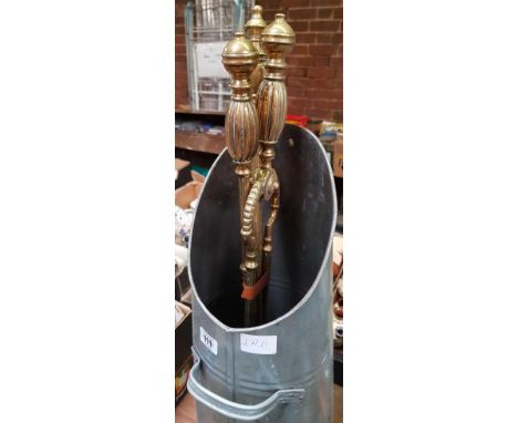 GALVANISED COAL HOD &amp; 3 BRASS FIRESIDE COMPANION TOOLS