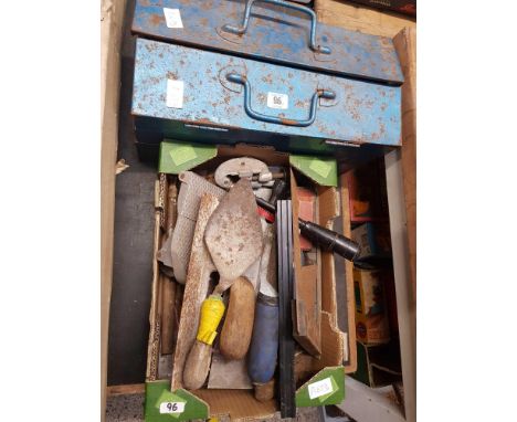 BLUE METAL CANTILEVER TOOL BOX WITH MISC TOOLS &amp; PARTS &amp; CARTON OF  TOOLS INCL; PLASTER TROWELS