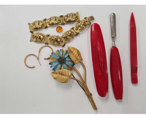 A GILT METAL &amp; ENAMEL DRESS BROOCH, A DECO MANICURE SET ETC