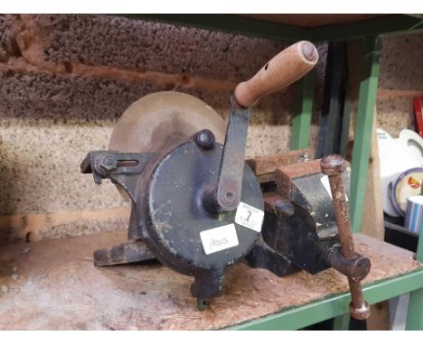 VINTAGE HAND CRANKED BENCH GRINDER &amp; A RECORD NO.2 ENGINEERS VICE