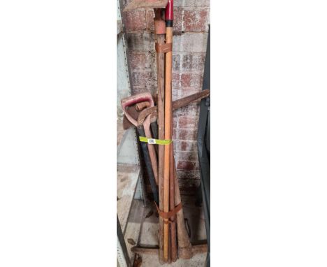 QTY OF GARDENING TOOLS INCL; PICK AXE, LAWN EDGER, RAKES &amp; HOES