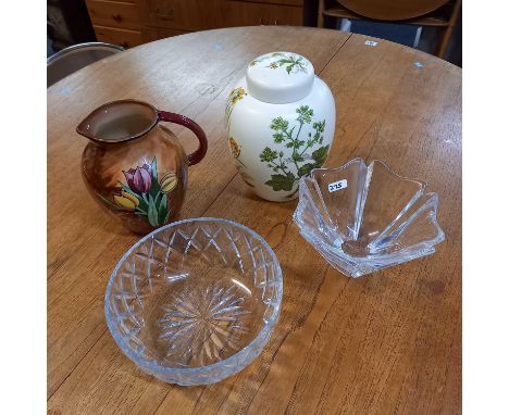 LARGE POOLE GINGER JAR WITH LID, HAND PAINTED H&amp;K TUNSTALL JUG &amp; 2 HEAVY CUT GLASS FRUIT BOWLS