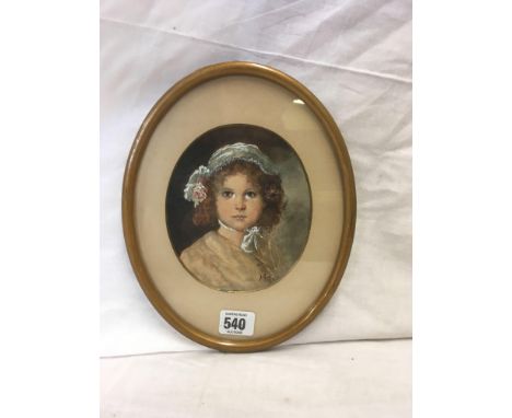 OVAL WATERCOLOUR PORTRAIT OF A LITTLE GIRL WITH A LACE CAP AND ROSE IN HER HAIR. INDISTINCTLY SIGNED
