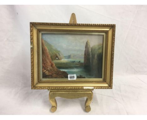 OIL PAINTING OF COASTAL SCENE DATED 1901 ON N EASEL, DAMAGE TO FRAME