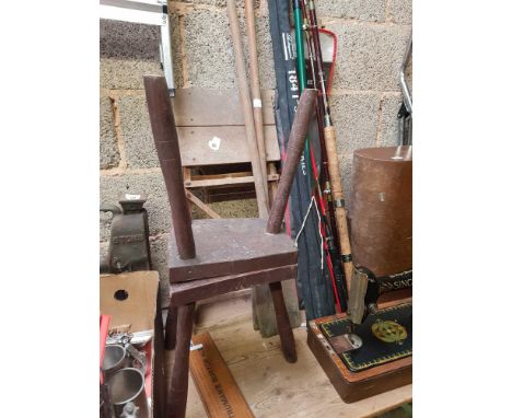 SEA ROD BY DUTTON, A SHAKESPEARE 1841 - 360 ROD &amp; 1 OTHER WITH BAG, 2 MILKING STOOLS, A WOODEN STEP UP &amp; A PAIR OF WO