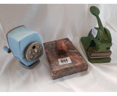 VINTAGE PENCIL SHARPENER, LETTER HEAD STAMP &amp; A MARBLE PAPERWEIGHT 