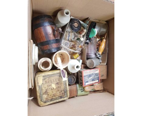 CARTON OF MISC VINTAGE BOTTLES,TINS, PAINT SPRAYS &amp; OTHER BRIC-A-BRAC