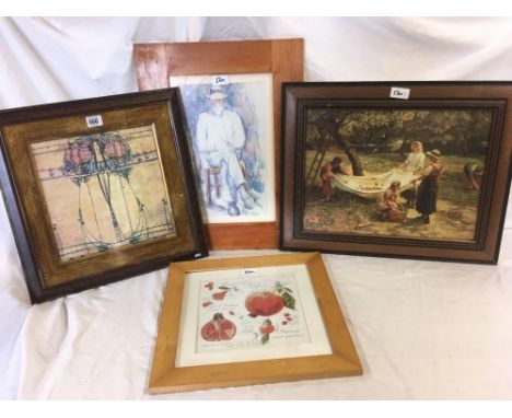 FOUR ASSORTED PICTURES: INCLUDING A PORTRAIT OF A SEATED GENTLEMAN, AN ART NOUVEAU FIGURE IN THE STYLE OF GUSTAV KLIMT, VICTO