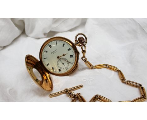 An 18ct yellow gold half hunter keyless wound pocket watch, the enamel dial with Roman numerals and a seconds subsidiary dial
