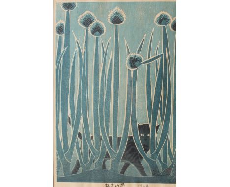 Shiro Kasamatsu (Japanese 1898 - 1991)Cat and leeksLimited edition colour woodblock print, No.167/200Impressed mark, printed 