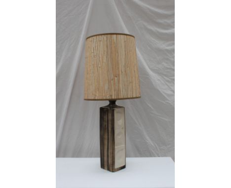 A 20th century Tremaen pottery of Newlyn table lamp of tall rectangular form with a cream and lined brown ground, 89.5cm high