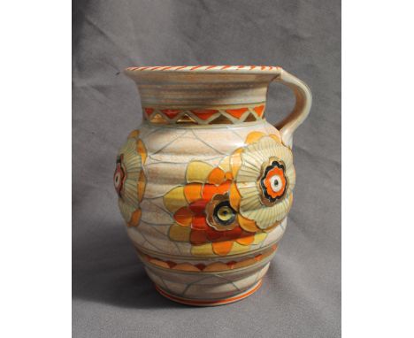 A Crown Ducal, Charlotte Rhead pottery single handled vase decorated with orange and yellow flowers to a mottled orange groun