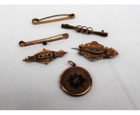 A 9ct yellow gold ruby and diamond set bar brooch, together with another 9ct yellow gold bar brooch, approximately 4 grams, o