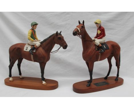 A connoisseur model by Beswick of Red Rum, Brian Fletcher up, on an oval wooden base together with another of Lester Piggott 