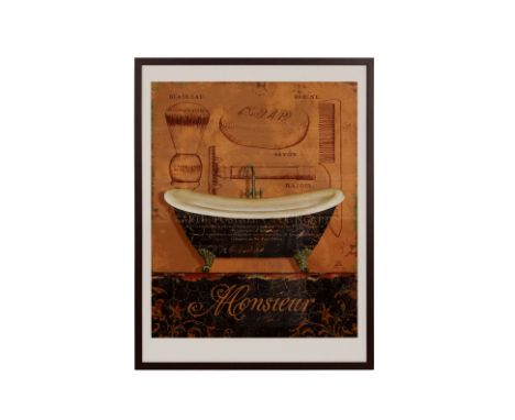 A FRENCH BATHROOM PRINT
Measures 69cm x 55cm; with frame 84cm x 64cm
69cm x 55cm; with frame 84cm x 65cm
Condition: Minor sig